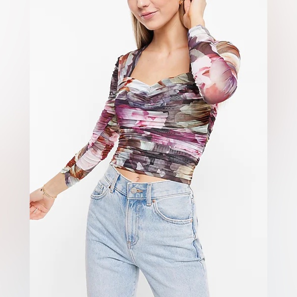 Express Body Contour Floral Mesh Cropped Top With Removable Cups -